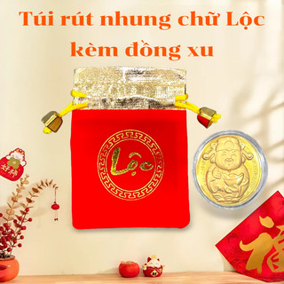 Túi rút mini, túi đỏ may mắn, túi rút nhung chữ Lộc, túi dây rút nhung đỏ kèm đồng xu mạ vàng 24K