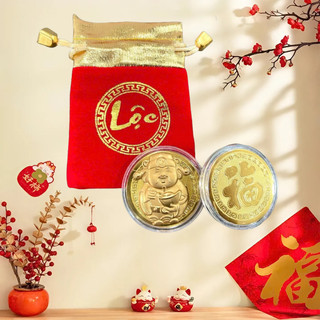 Túi rút mini, túi đỏ may mắn, túi rút nhung chữ Lộc, túi dây rút nhung đỏ kèm đồng xu mạ vàng 24K