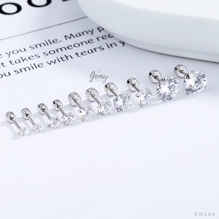 Khuyên tai nam thanh thẳng bạc 925 ổ đá chuôi vặn trụ nhiều size, unisex (1 chiếc) KN146 | GEMY SILVER
