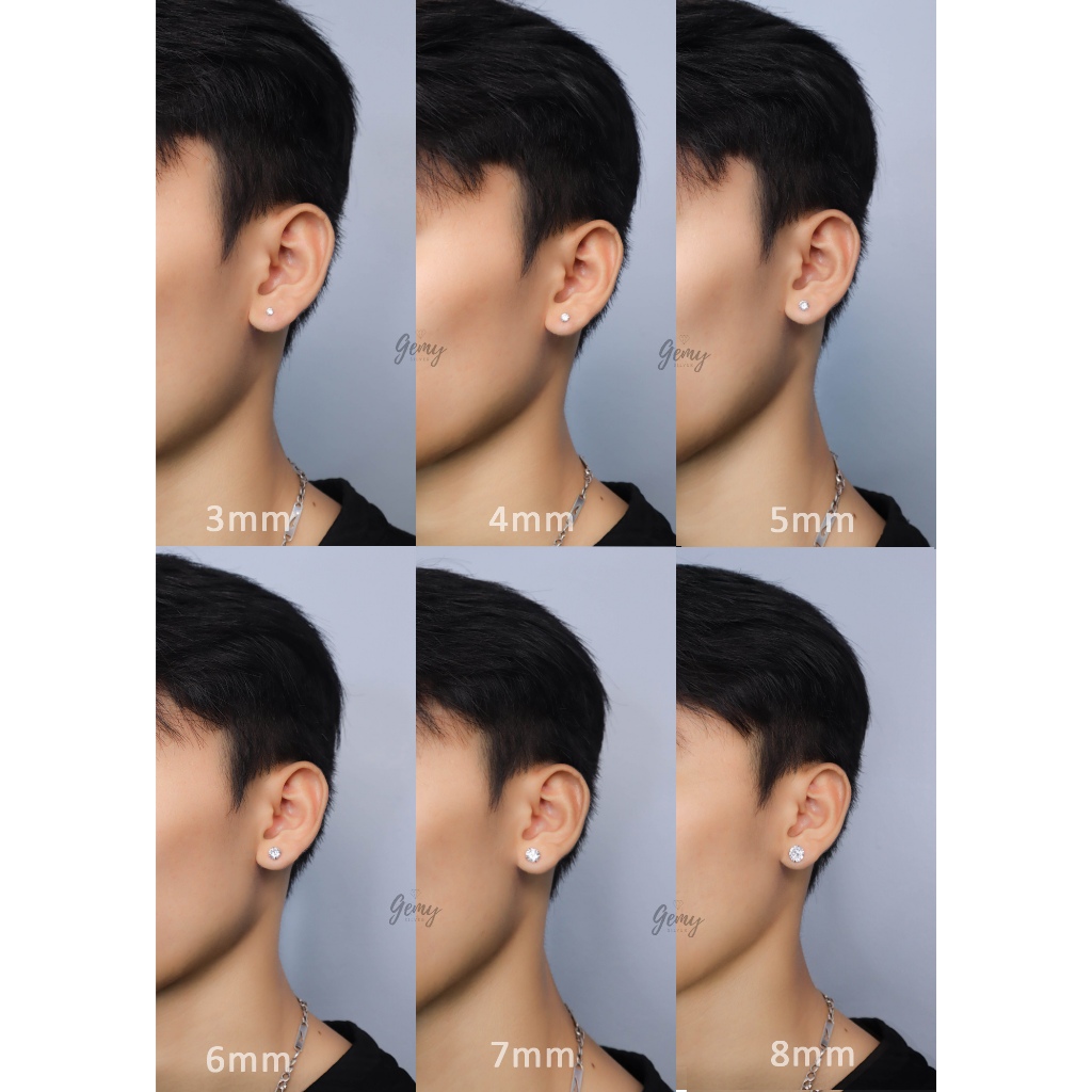 Khuyên tai nam thanh thẳng bạc 925 ổ đá chuôi vặn trụ nhiều size, unisex (1 chiếc) KN146 | GEMY SILVER