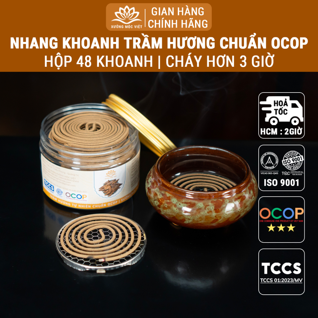 Ảnh Nhang khoanh trầm hương cao cấp hộp 48 khoanh đơn chất lượng OCOP, ISO 9001 - Xưởng Mộc Việt 1