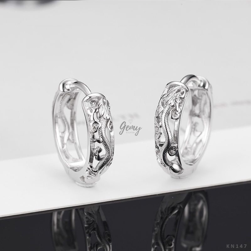 Khuyên tai nam tròn bạc 925 chạm khắc hình rồng cực ngầu, cực chất Dragon 2 (1 chiếc) KN147 | GEMY SILVER