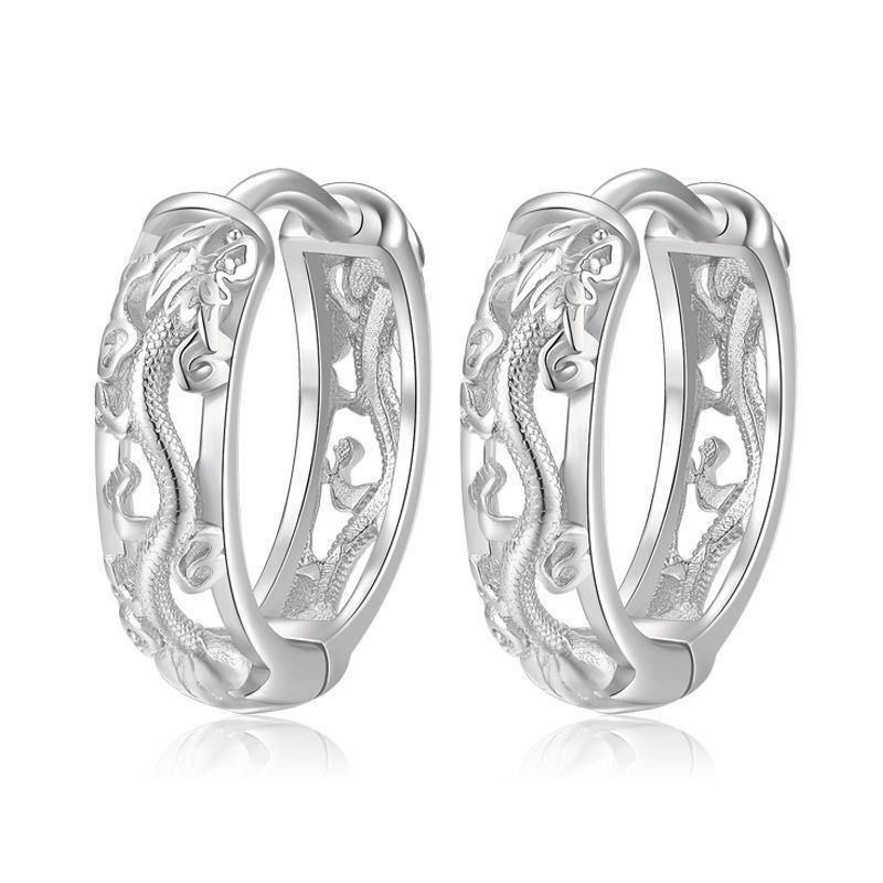 Khuyên tai nam tròn bạc 925 chạm khắc hình rồng cực ngầu, cực chất Dragon 2 (1 chiếc) KN147 | GEMY SILVER