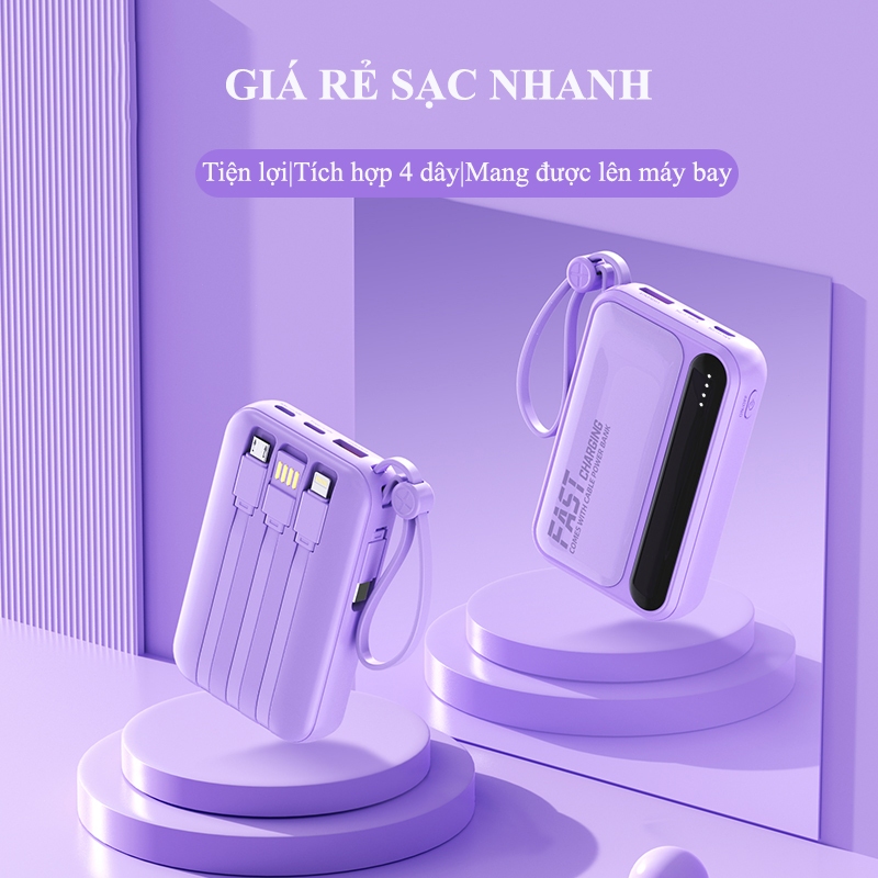 Sạc dự phòng 20000mah sạc pin mini dung lượng lớn có sẵn nhiều dây sạc r08