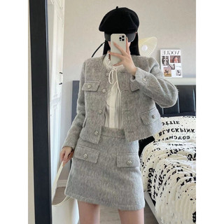 Set dạ lông tiểu thư cao cấp 2 lớp áo khoác có đệm vai chân váy có quần bảo hộ