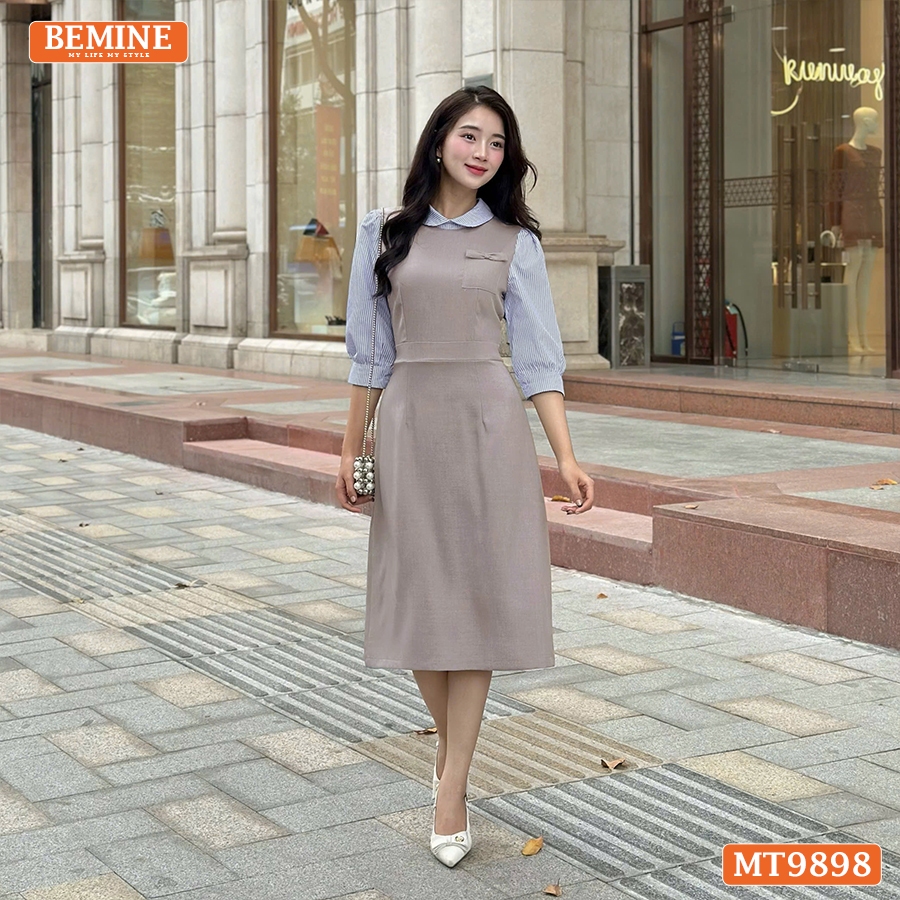 Ảnh Đầm thiết kế BEMINE cổ sen dáng bút chì tay dài phối sọc phù hợp đi làm, đi dạo phố-MT9898 2