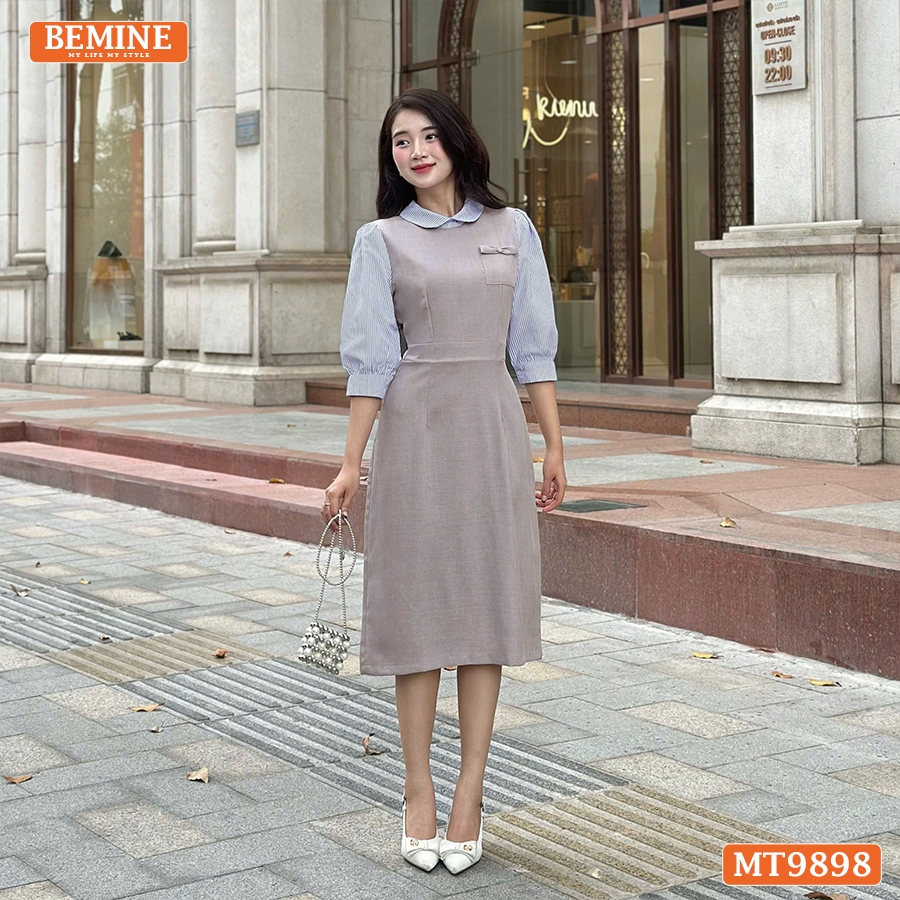 Ảnh Đầm thiết kế BEMINE cổ sen dáng bút chì tay dài phối sọc phù hợp đi làm, đi dạo phố-MT9898 4