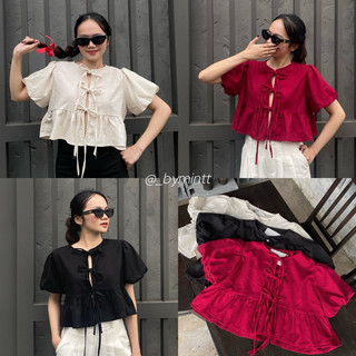 BEE TOP | Áo babydoll tay bồng phối nơ chất linen phong cách tiểu thư, nhẹ nhàng (tặng kèm áo quây)