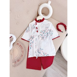 Aó dài cặp cho bé trai bé gái chất lụa mềm mịn áo bé gái trắng ngà, áo dài cho bé sz 10-30kg