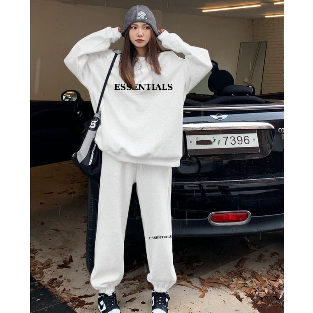 Set đồ bộ nỉ esseo dài quần ống bo gấu kèm áo sweater màu nhiều hình mặc ở nhà đẹp ulzzang SSL