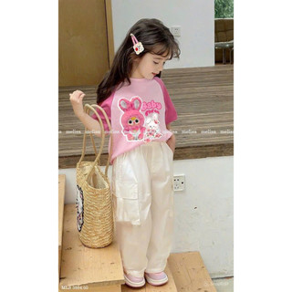 [B&G] Sét BABY THREE Áo cotton 4 chiều, phối tay hồng Quần kaki cotton túi hộp cho bé gái 2-11 tuổi