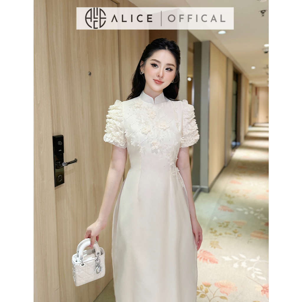 Áo Dài Nữ 2 Lớp Chất Tơ Mềm Alice, Áo Dài Cách Tân Tay Bồng Chạy Bèo Ngực Đính Hoa Nổi Kèm Quần Lụa AD792 Đồ Tết