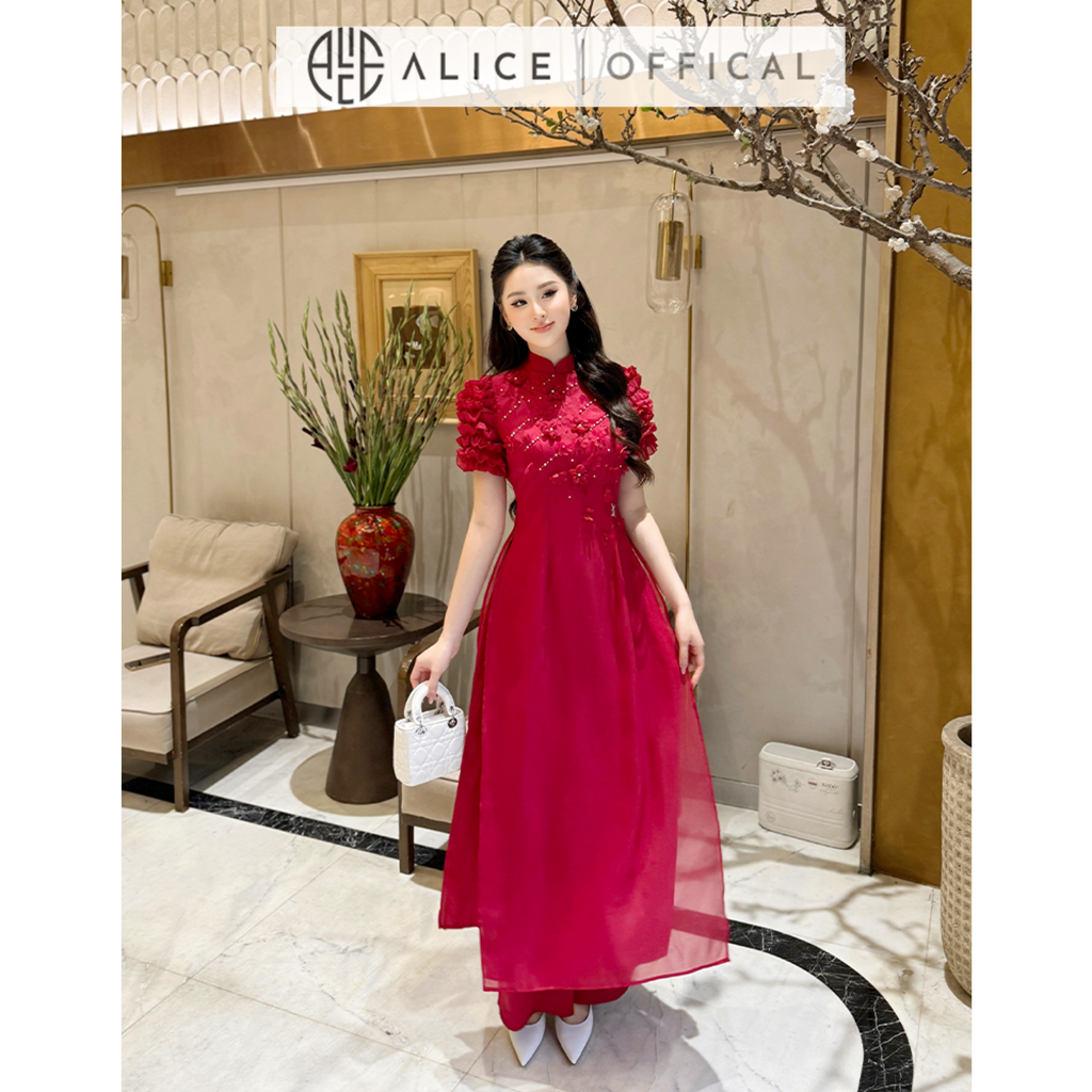 Áo Dài Nữ 2 Lớp Chất Tơ Mềm Alice, Áo Dài Cách Tân Tay Bồng Chạy Bèo Ngực Đính Hoa Nổi Kèm Quần Lụa AD792 Đồ Tết