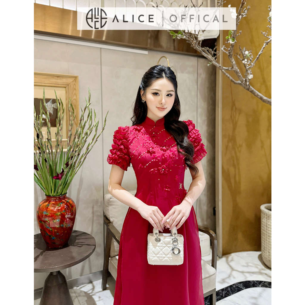 Áo Dài Nữ 2 Lớp Chất Tơ Mềm Alice, Áo Dài Cách Tân Tay Bồng Chạy Bèo Ngực Đính Hoa Nổi Kèm Quần Lụa AD792 Đồ Tết