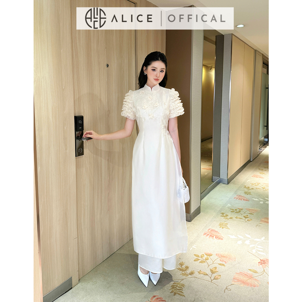 Áo Dài Nữ 2 Lớp Chất Tơ Mềm Alice, Áo Dài Cách Tân Tay Bồng Chạy Bèo Ngực Đính Hoa Nổi Kèm Quần Lụa AD792 Đồ Tết