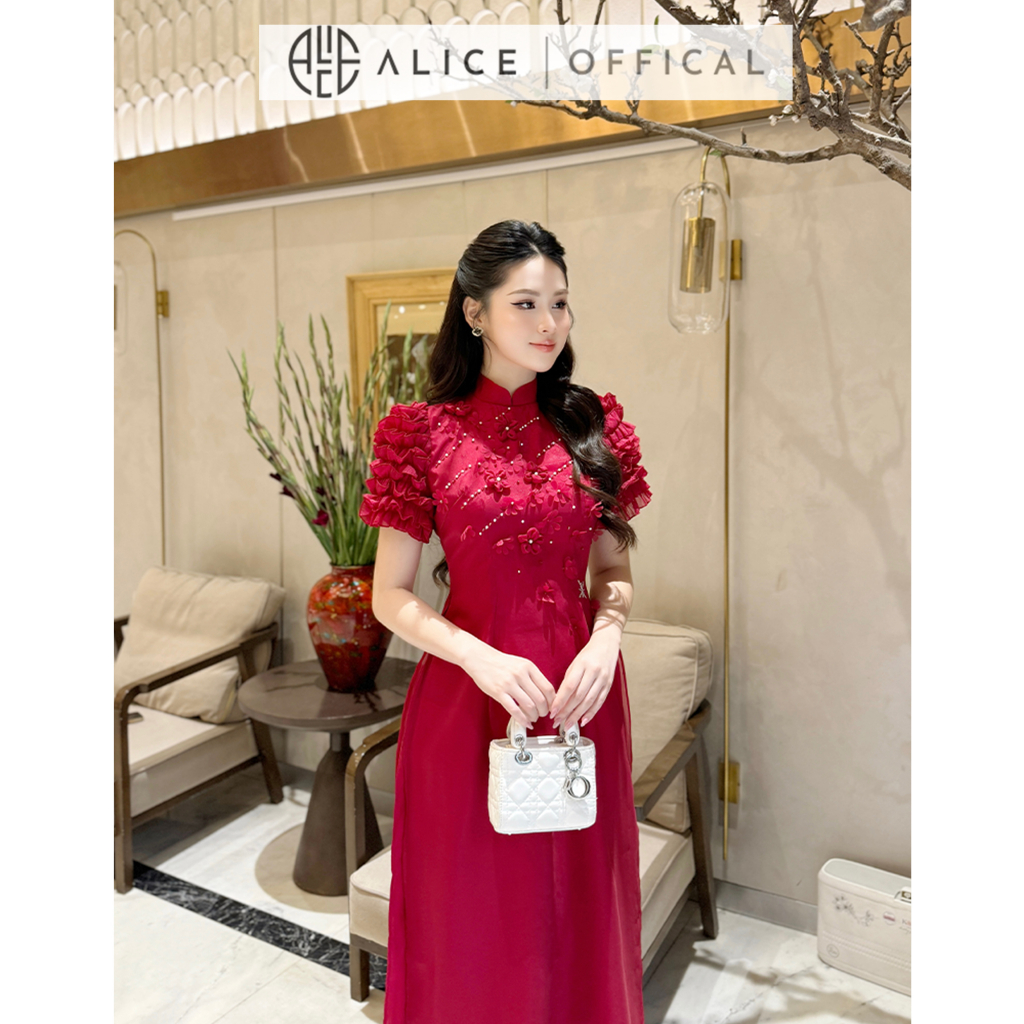 Áo Dài Nữ 2 Lớp Chất Tơ Mềm Alice, Áo Dài Cách Tân Tay Bồng Chạy Bèo Ngực Đính Hoa Nổi Kèm Quần Lụa AD792 Đồ Tết