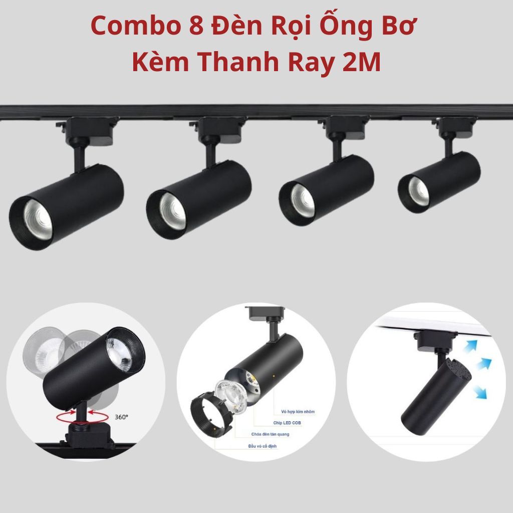 Combo 8 Đèn Rọi Ray 10W /12W / 20W / 30W + Thanh Ray 2M, Đèn Rọi Ống Bơ ...