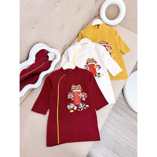 Aó dài cho bé bé trai chất nhung mềm mịn, áo dài tết cho bé thêu đâu rồng sz 10-30kg