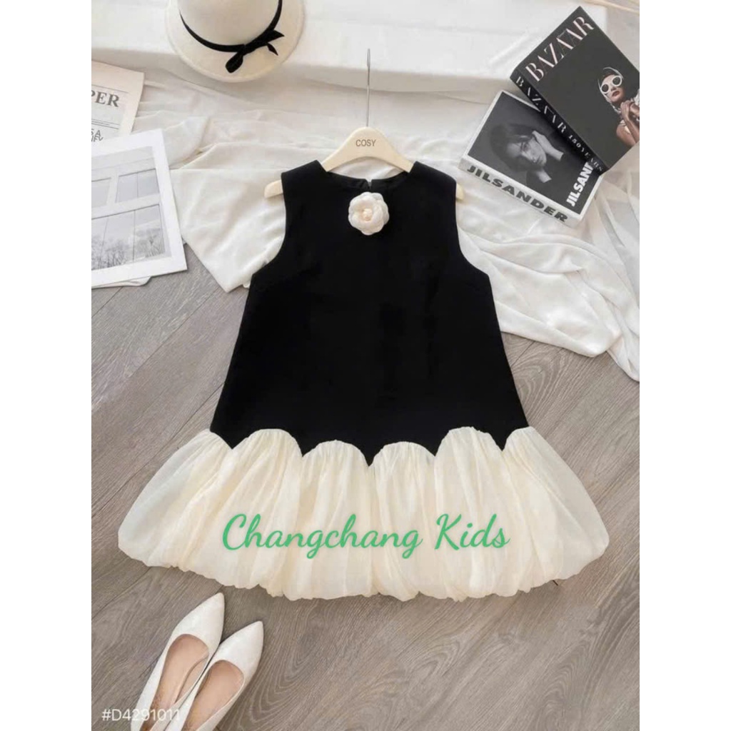 Đầm bé gái dáng suông phối bèo có đính hoa cho mẹ và bé gái 15-55kg, Đầm baby doll bé gái size đại, đầm tiệc bé gái