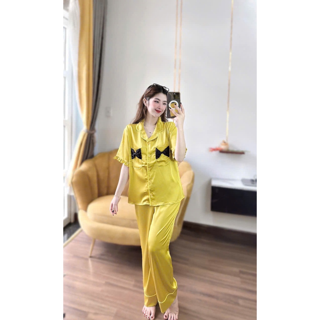 (Hình thật) Set Đồ bộ Pijama - Bộ lụa latin mặc nhà tay ngắn quần dài 2 nơ túi xinh