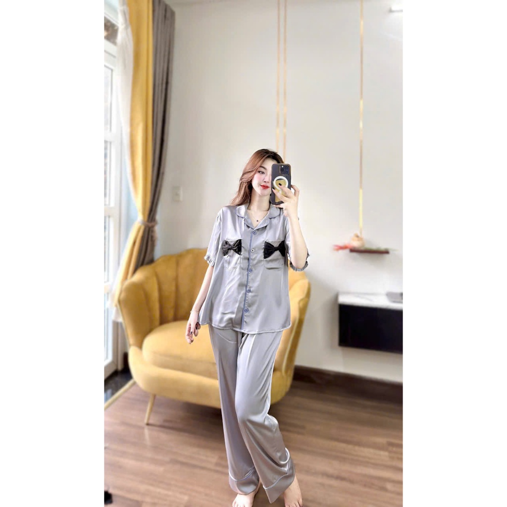 (Hình thật) Set Đồ bộ Pijama - Bộ lụa latin mặc nhà tay ngắn quần dài 2 nơ túi xinh