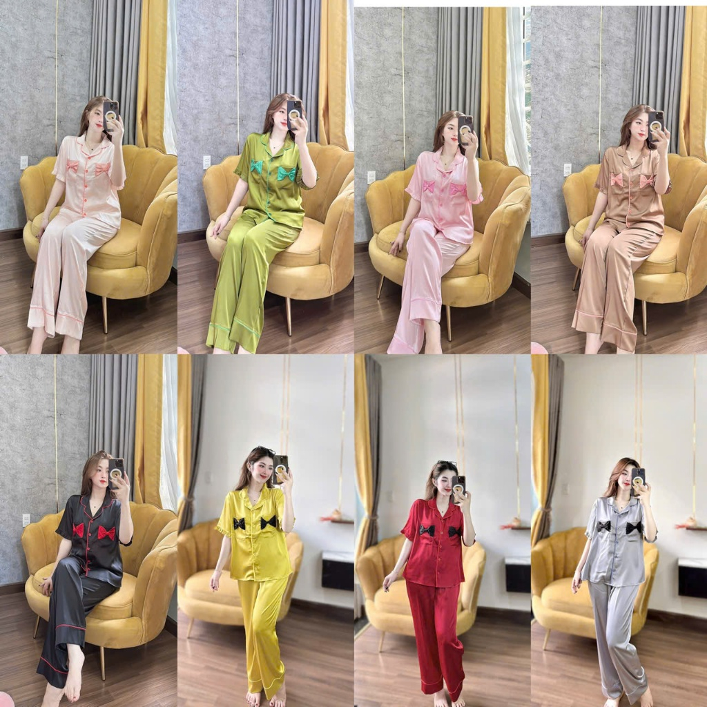 (Hình thật) Set Đồ bộ Pijama - Bộ lụa latin mặc nhà tay ngắn quần dài 2 nơ túi xinh