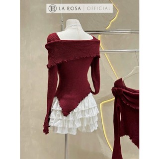 Set Áo Len Đỏ Tiểu Thư La Rosa Thiết Kế Cổ Vuông Đính Hoa Lệch Vai Phối Chân Váy Xếp Ly Tôn Dáng S772