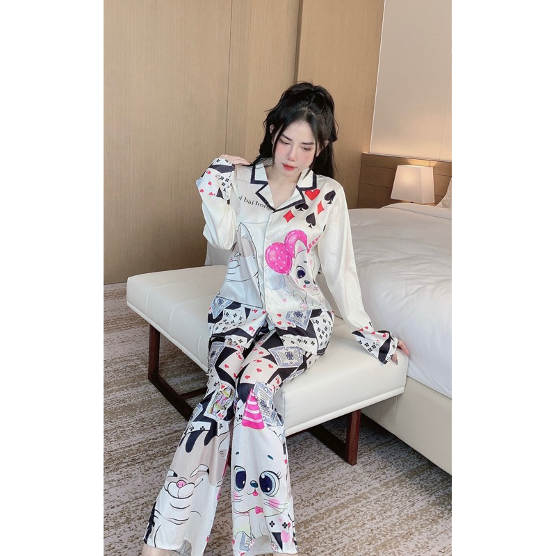 Đồ bộ- set ngủ mặc nhà pijama TẾT Ê CHƠI BÀI HÔNG lụa XƯỚC mềm mịn mát