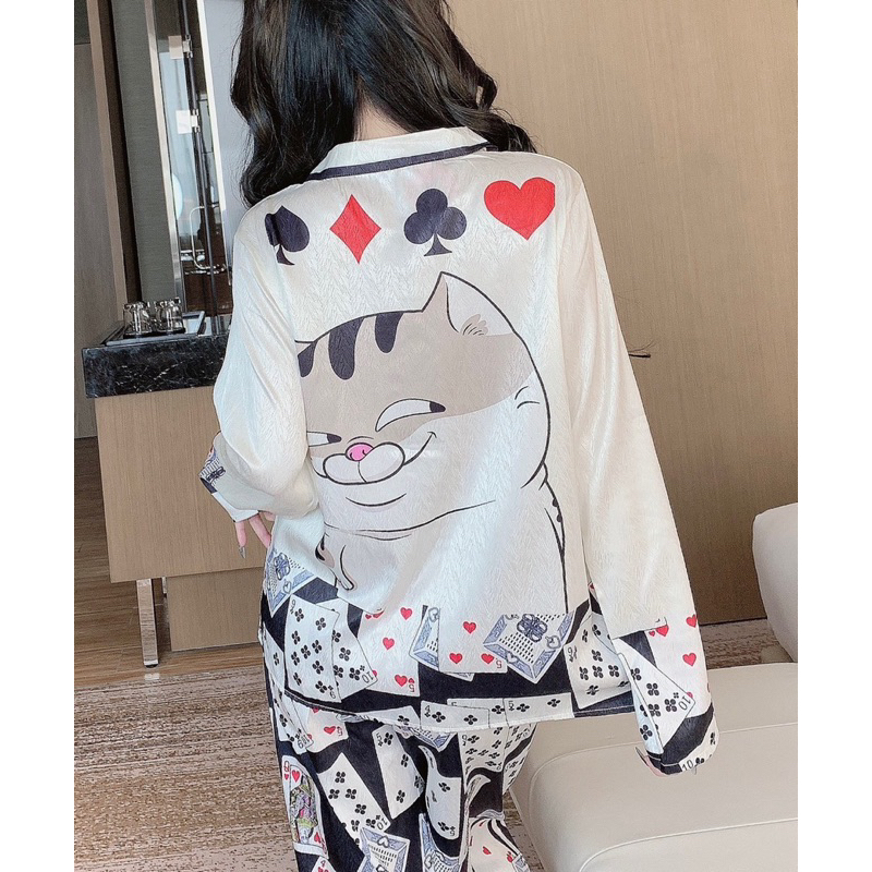 Đồ bộ- set ngủ mặc nhà pijama TẾT Ê CHƠI BÀI HÔNG lụa XƯỚC mềm mịn mát