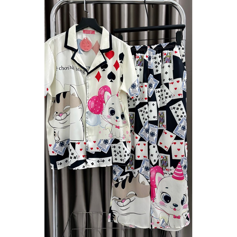 Đồ bộ- set ngủ mặc nhà pijama TẾT Ê CHƠI BÀI HÔNG lụa XƯỚC mềm mịn mát