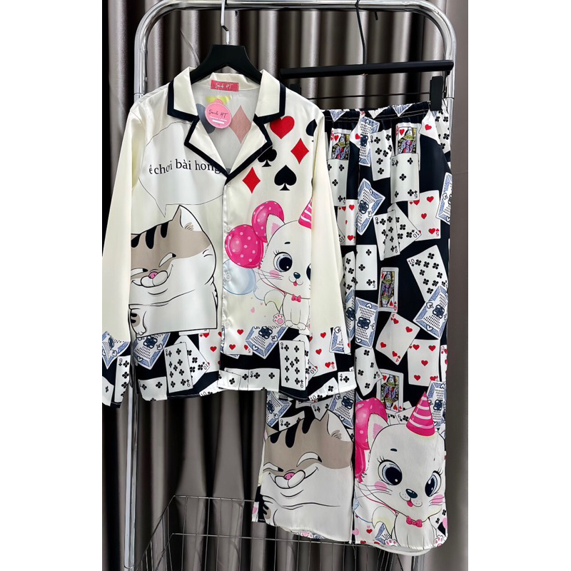 Đồ bộ- set ngủ mặc nhà pijama TẾT Ê CHƠI BÀI HÔNG lụa XƯỚC mềm mịn mát