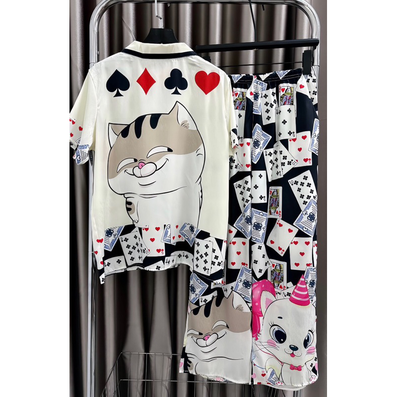 Đồ bộ- set ngủ mặc nhà pijama TẾT Ê CHƠI BÀI HÔNG lụa XƯỚC mềm mịn mát