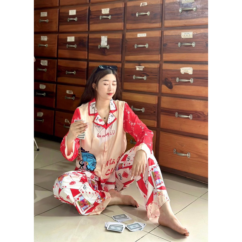 Đồ bộ- set ngủ mặc nhà pijama TẾT CÒN THỞ CÒN GỠ lụa xước mềm mịn mát