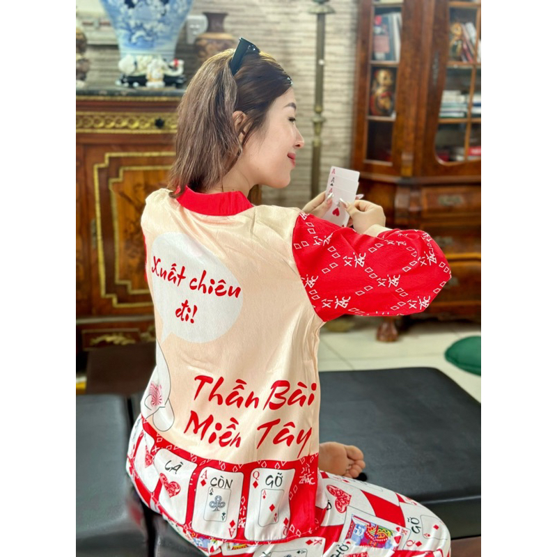Đồ bộ- set ngủ mặc nhà pijama TẾT CÒN THỞ CÒN GỠ lụa xước mềm mịn mát