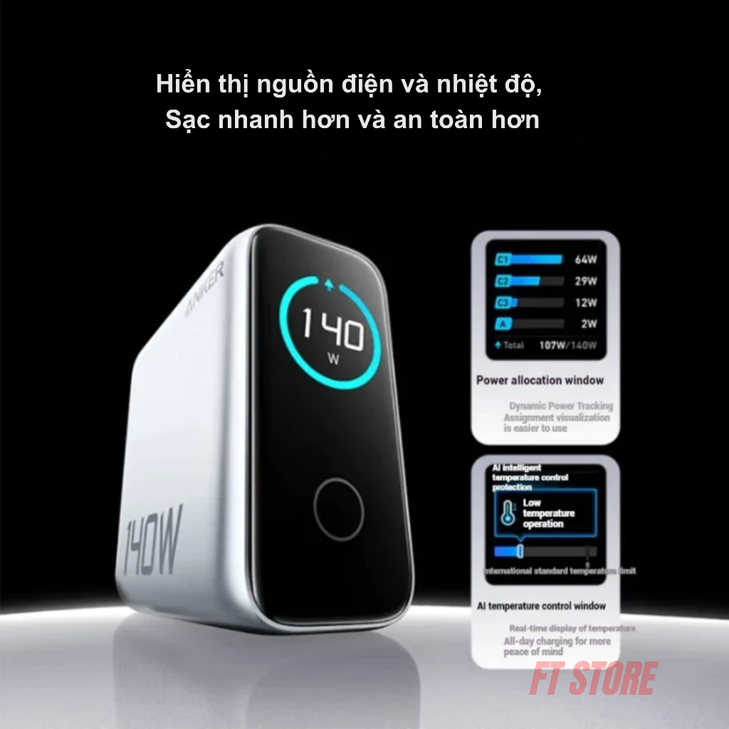 Củ sạc  Anker Zolo 140W GaN A2697, màn hình Smart LED, 3 cổng Type C, sạc nhanh PD, PPS 2.0 - BH18TH | BigBuy360 - bigbuy360.vn