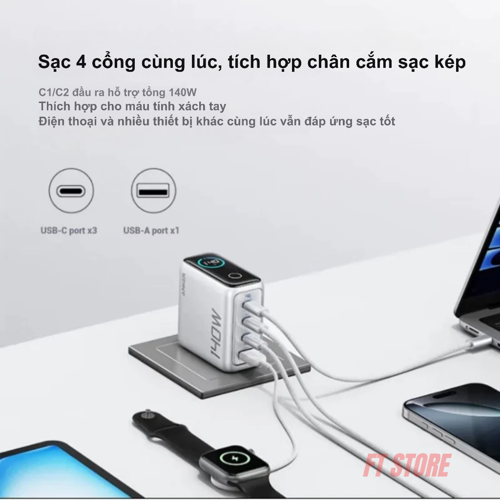 Củ sạc  Anker Zolo 140W GaN A2697, màn hình Smart LED, 3 cổng Type C, sạc nhanh PD, PPS 2.0 - BH18TH | BigBuy360 - bigbuy360.vn