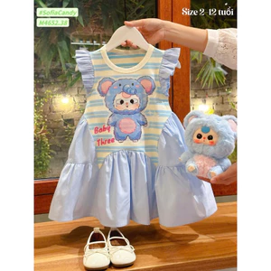Đầm Trung Thu, đầm thu đông bé gái phong cách Hàn. Đầm Baby three xanh kẻ tay tiên siêu hot siêu xinh cho bé gái 13-45kg