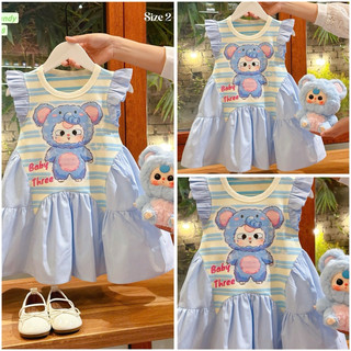 Đầm Trung Thu, đầm thu đông bé gái phong cách Hàn. Đầm Baby three xanh kẻ tay tiên siêu hot siêu xinh cho bé gái 13-45kg