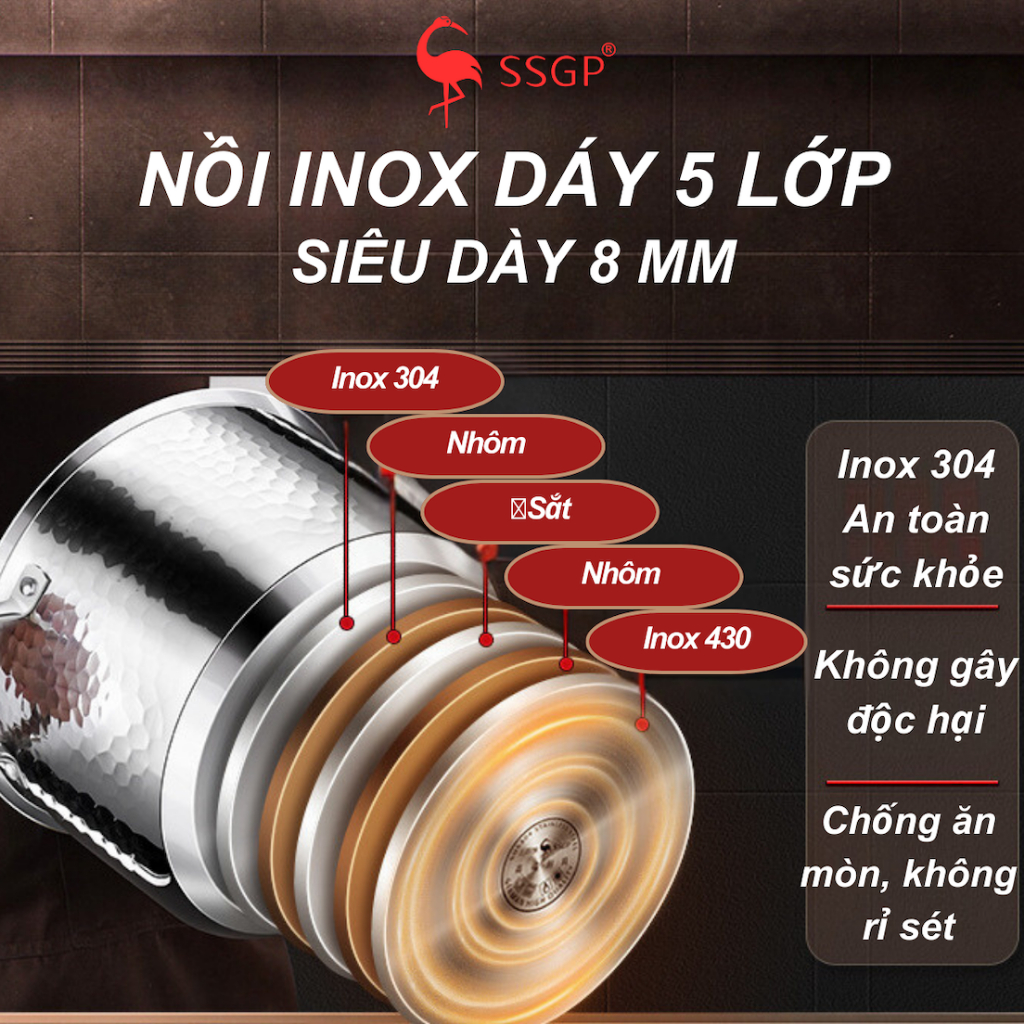 Nồi inox 304 Berlin 5 đáy cao cấp SSGP của , nồi nấu canh, nồi 24cm ,nồi dùng bếp từ, quánh