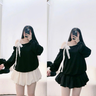 Set bộ Bigsize nữ áo thun kiểu trễ vai cột nơ chân váy bí ngô có quần bảo hộ xinh xắn SET931