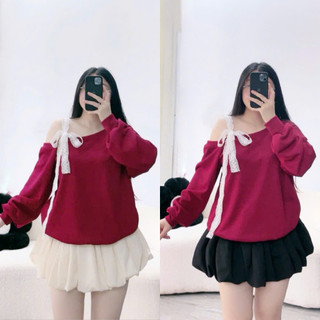 Set bộ Bigsize nữ áo thun kiểu trễ vai cột nơ chân váy bí ngô có quần bảo hộ xinh xắn SET931