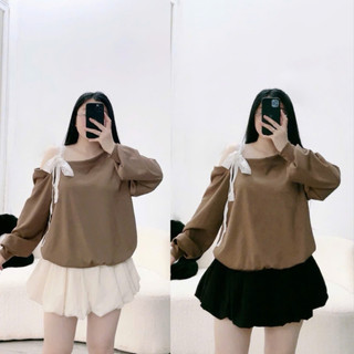 Set bộ Bigsize nữ áo thun kiểu trễ vai cột nơ chân váy bí ngô có quần bảo hộ xinh xắn SET931