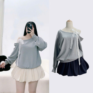 Set bộ Bigsize nữ áo thun kiểu trễ vai cột nơ chân váy bí ngô có quần bảo hộ xinh xắn SET931