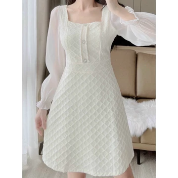 Váy dạ tweed phối tơ, Váy hoa nhí đi biển mặc được 2 kiểu, đi làm, đi chơi thiết kế chính hãng_munn.store