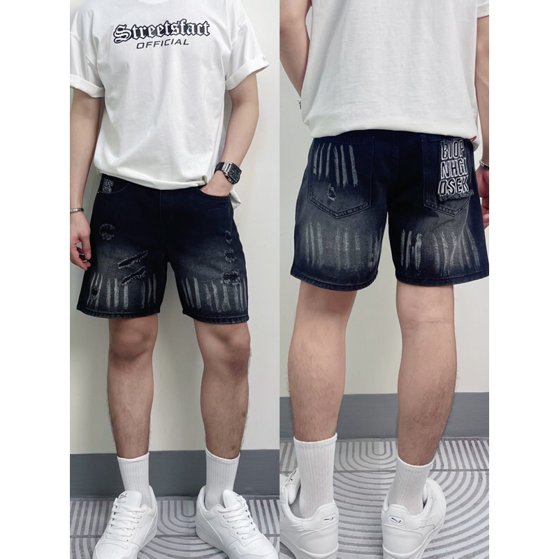 SHORT JEANS ĐEN WASH THÊU TÚI SAU - FROM TRÊN GỐI THỜI TRANG UNISEX NAM NỮ | TMTD29
