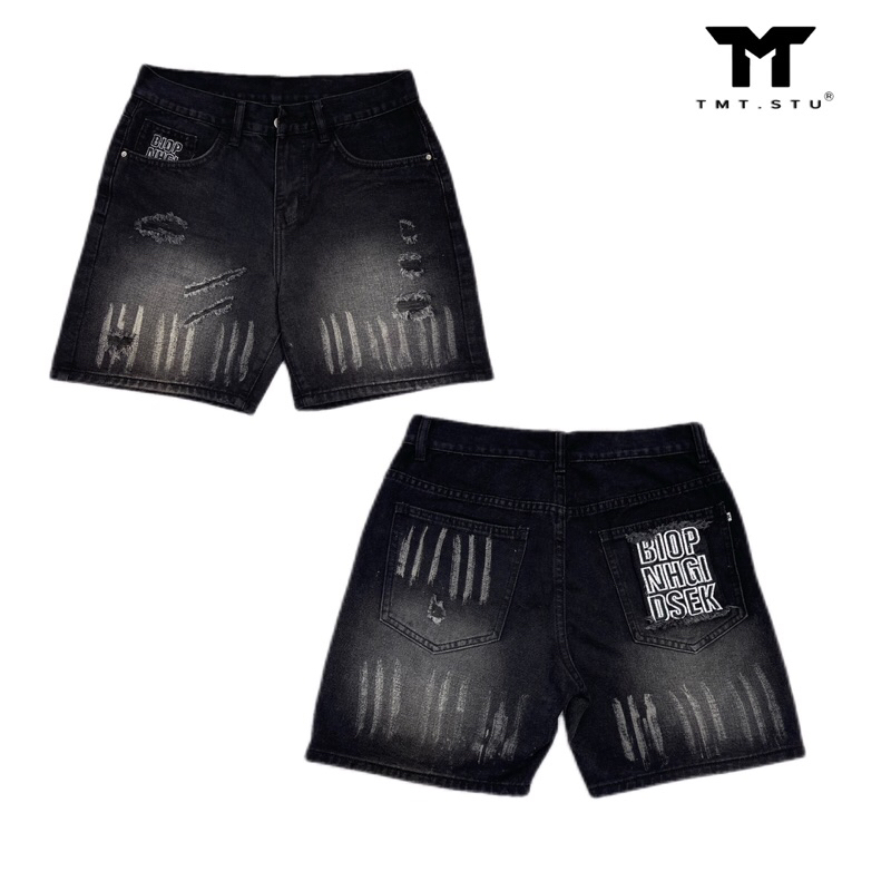 SHORT JEANS ĐEN WASH THÊU TÚI SAU - FROM TRÊN GỐI THỜI TRANG UNISEX NAM NỮ | TMTD29