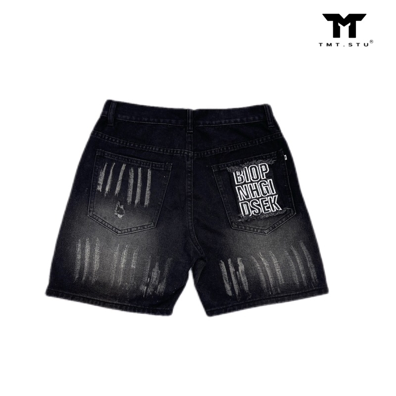 SHORT JEANS ĐEN WASH THÊU TÚI SAU - FROM TRÊN GỐI THỜI TRANG UNISEX NAM NỮ | TMTD29