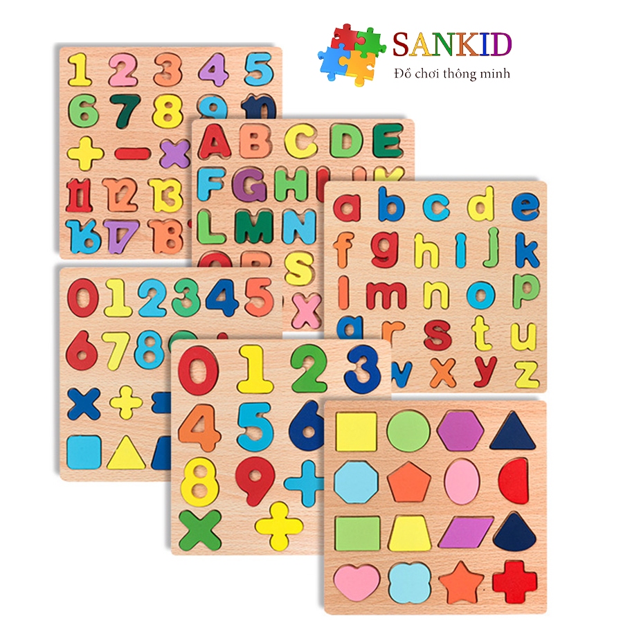 Bảng chữ cái gỗ nổi 20*20cm, bảng chữ số và bảng hình khối cho bé làm quen với chữ cái cho bé
