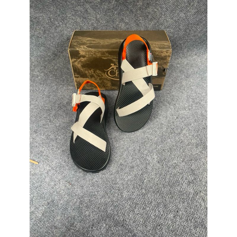 Sandal dây trắng kem gót cam