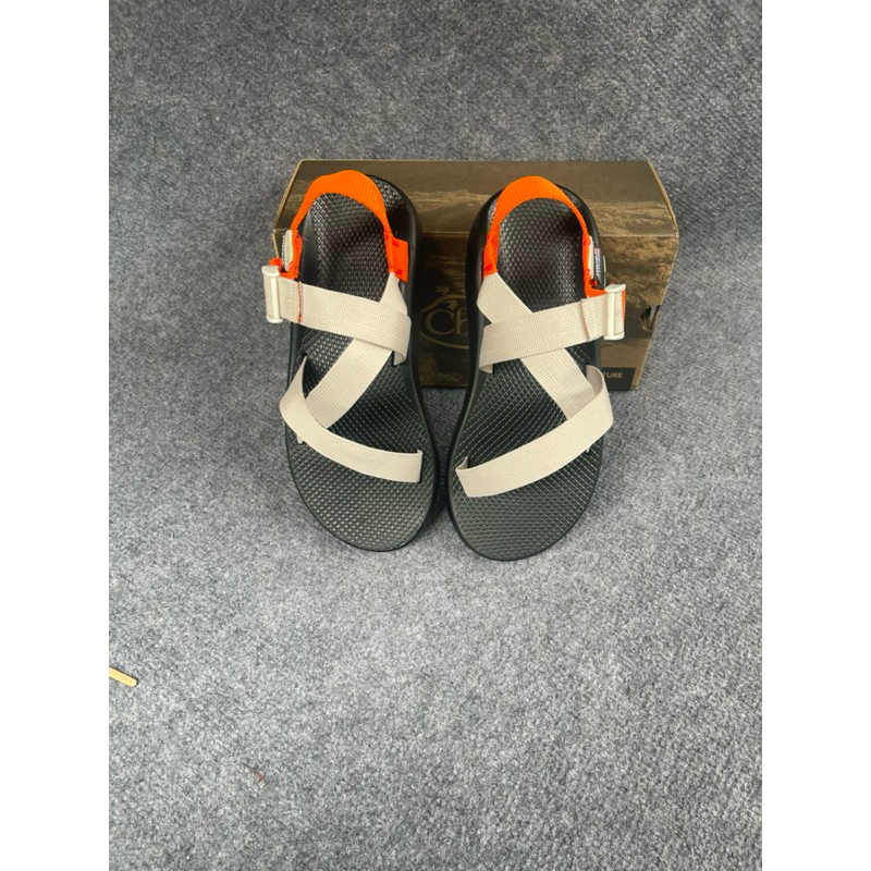Sandal dây trắng kem gót cam